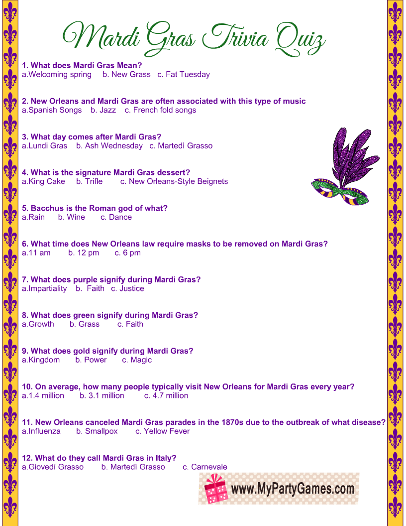 Free Printable Mardi Gras Trivia Quiz With Answer Key regarding Free Printable Mardi Gras Trivia Questions and Answers