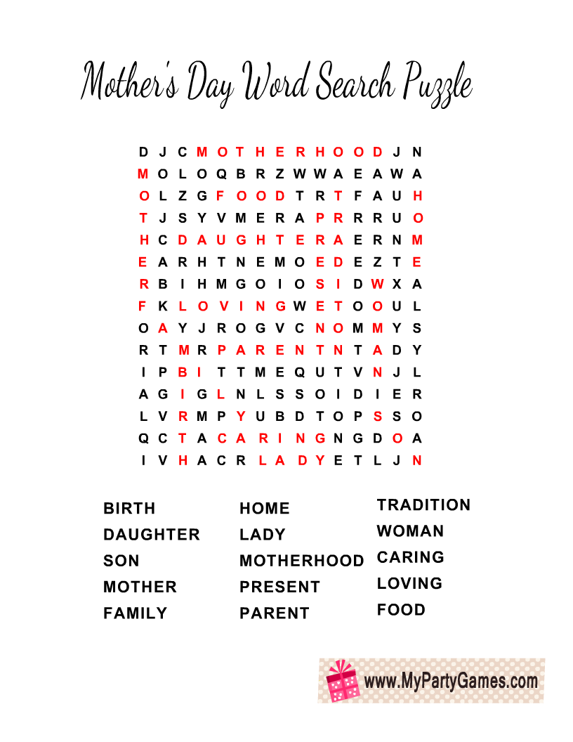 Free Printable Mother&amp;#039;S Day Word Search Puzzle With Key regarding Mother&amp;#039;S Day Crossword Puzzles Printable