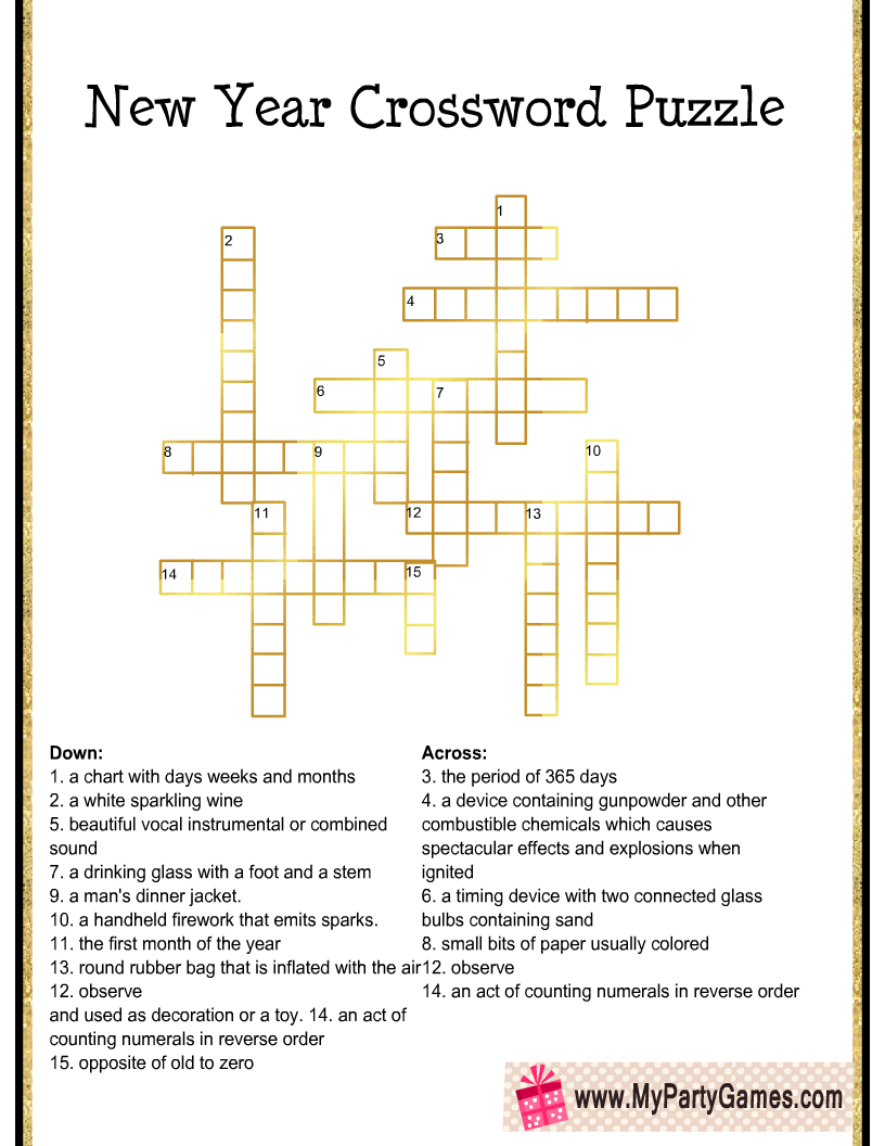 Free Printable New Year Crossword Puzzle For Adults intended for New Year Crossword Puzzle Printable