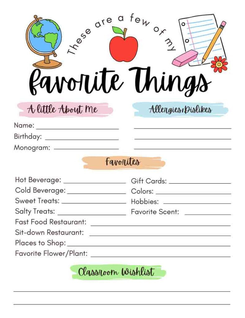 Free! Printable Teacher Favorite Things - Mindymakes in Teachers Favorite Things Free Printable