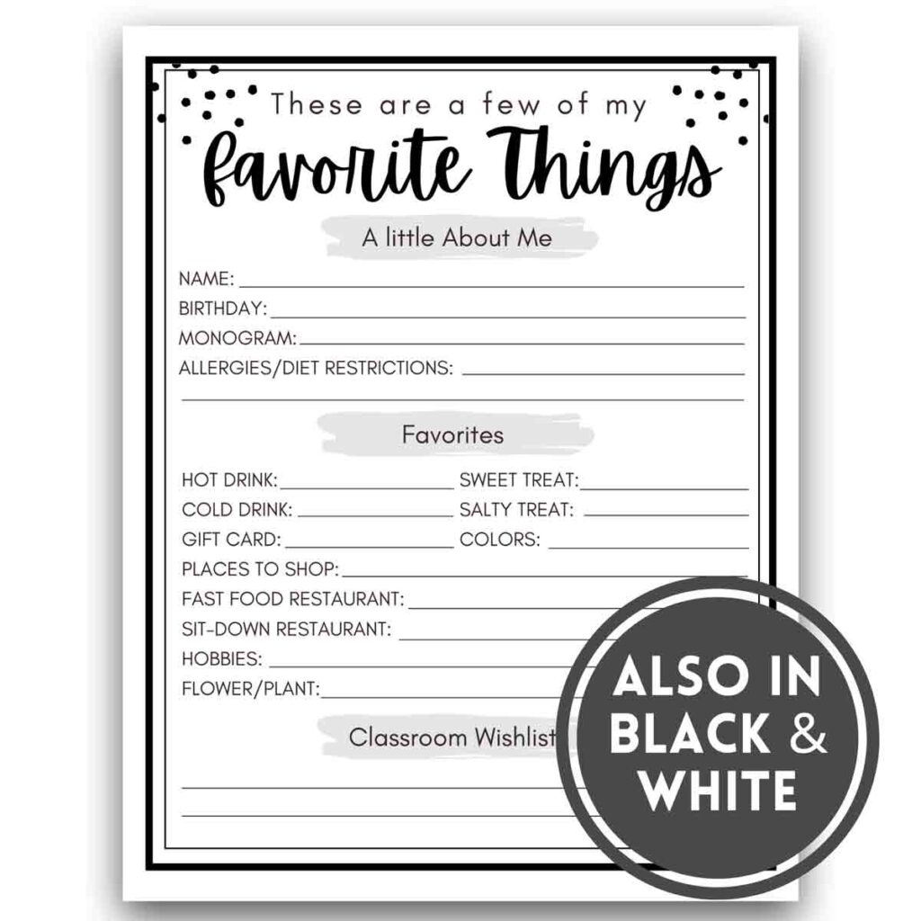 Free! Printable Teacher Favorite Things - Mindymakes within Teacher Favorites Questionnaire Free Printable