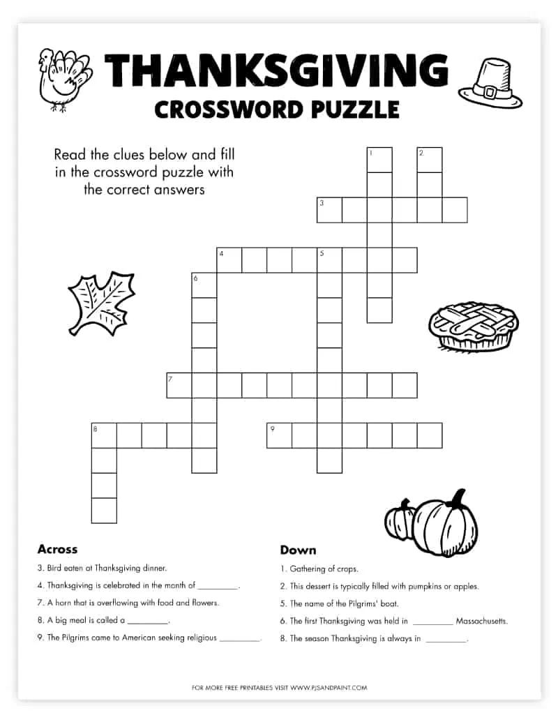 Free Printable Thanksgiving Crossword Puzzle - Pjs And Paint in Crossword Puzzle Thanksgiving Printable