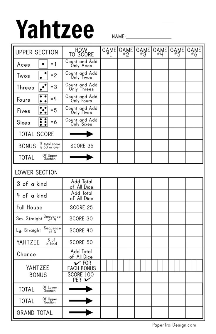 Free Printable Yahtzee Score Card | Paper Trail Design for Yahtzee Score Card Printable Free Download