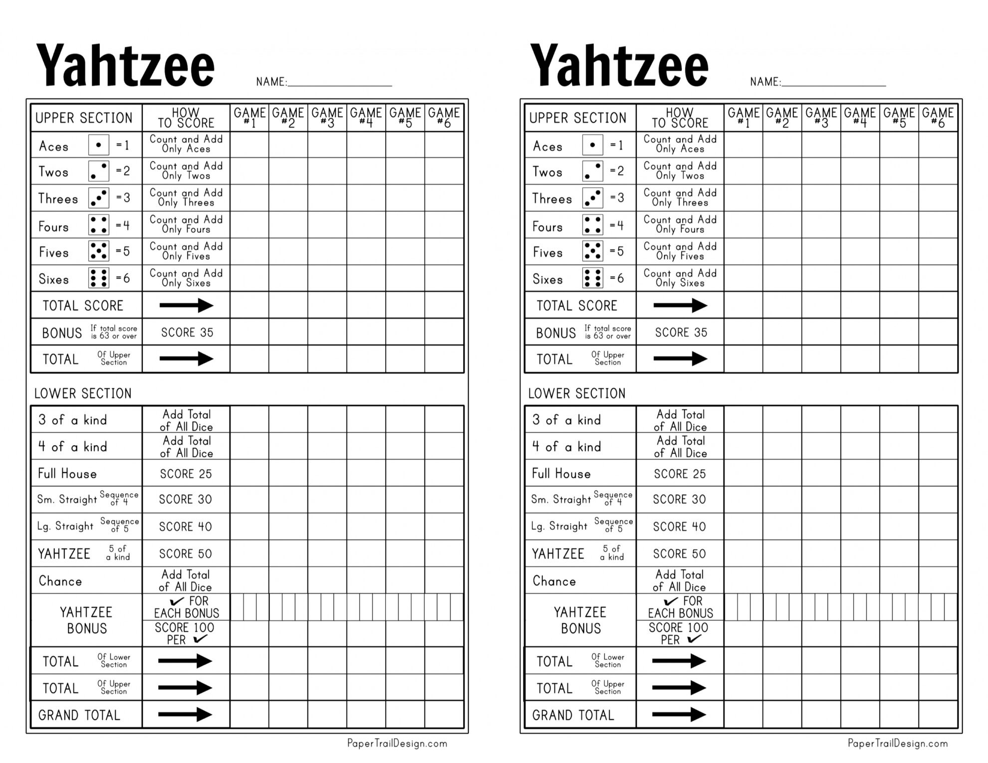 Free Printable Yahtzee Score Card - Paper Trail Design pertaining to Free Printable Yahtzee Scorecards