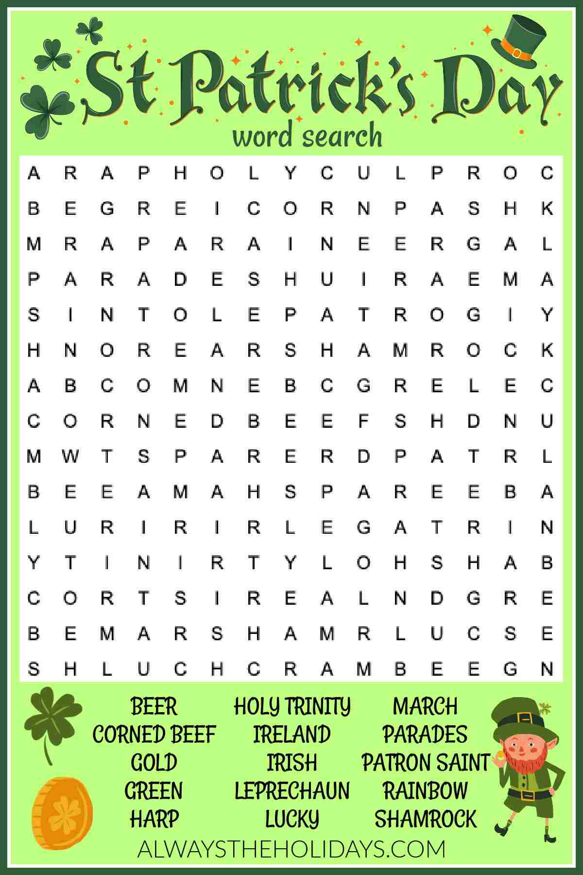 Free St. Patrick&amp;#039;S Day Word Search Printable - Answers Included inside Free Printable St Patrick&amp;amp;#039;s Day Word Search