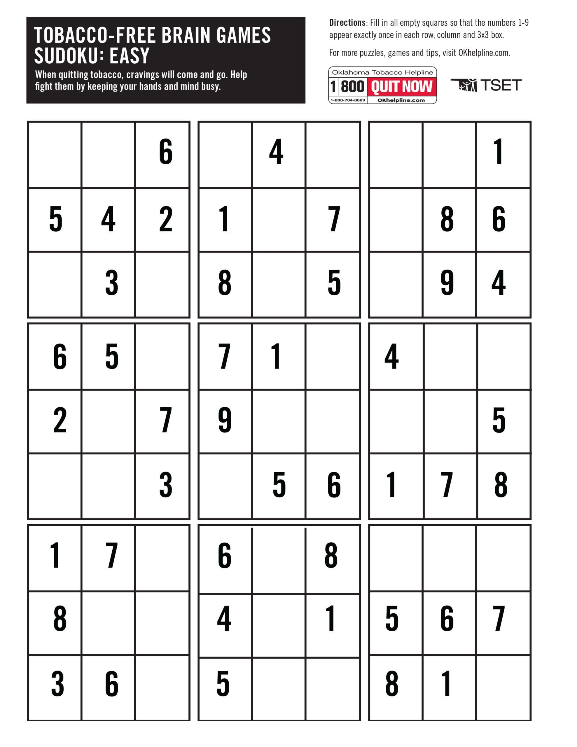 Free Sudoku Puzzles | Printable | Oklahoma Tobacco Helpline intended for Free Sudoku Printables