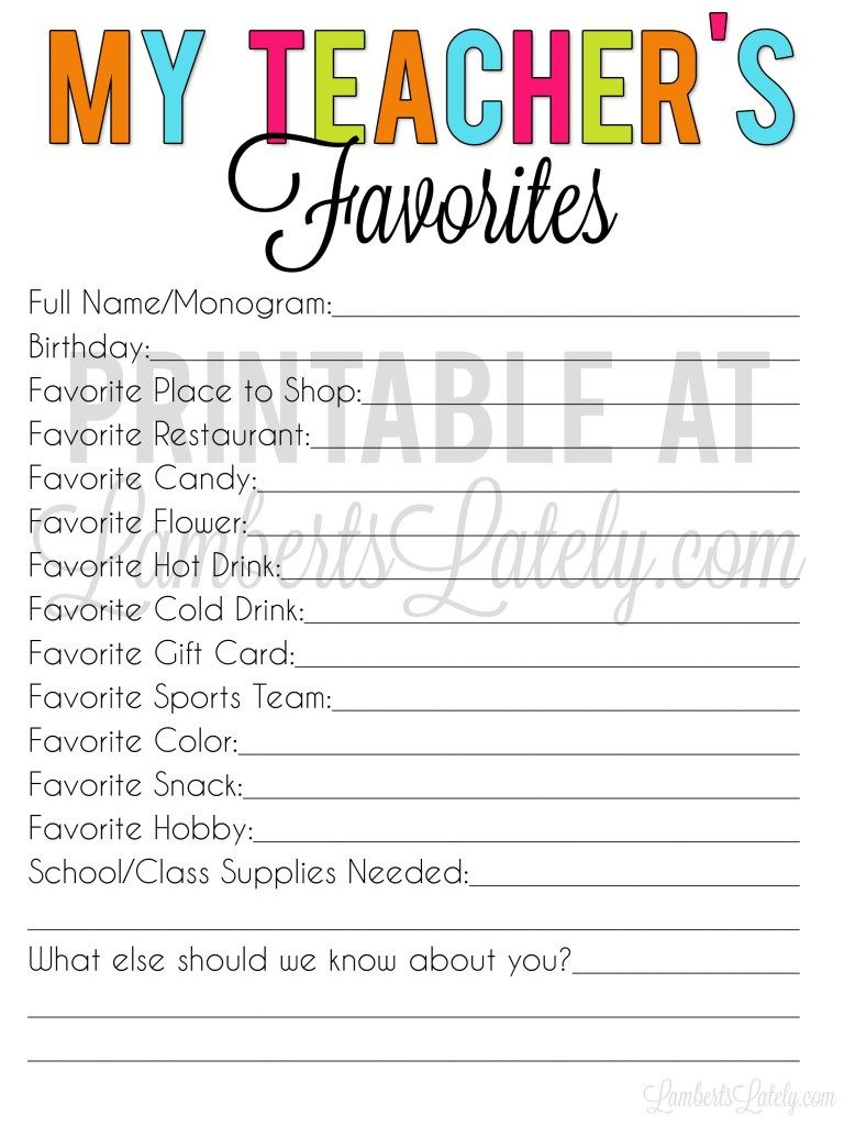 Free Teacher Favorite Things Form (Editable &amp;amp; Printable!) in Teachers Favorite Things Free Printable