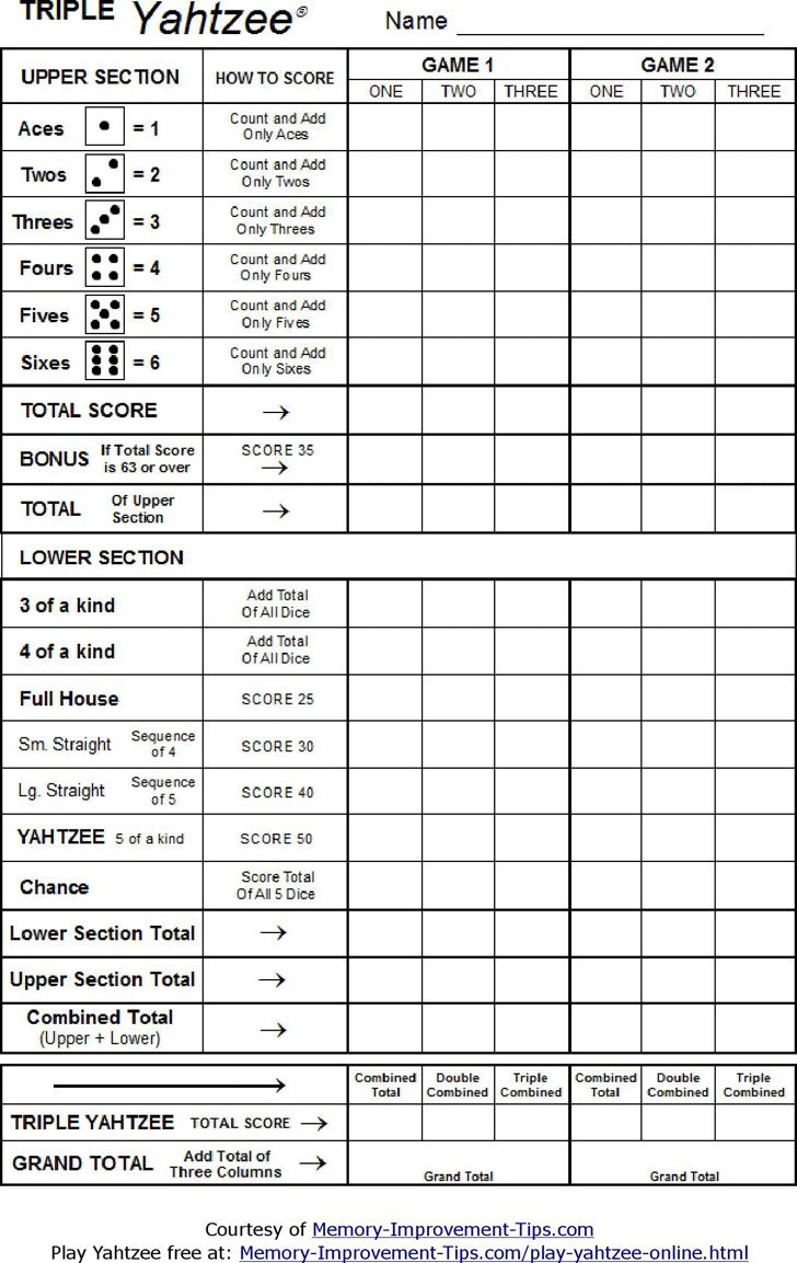 Free Triple Yahtzee Scoresheet - Pdf | 48Kb | 1 Page(S) intended for Triple Yahtzee Score Sheet Printable Free