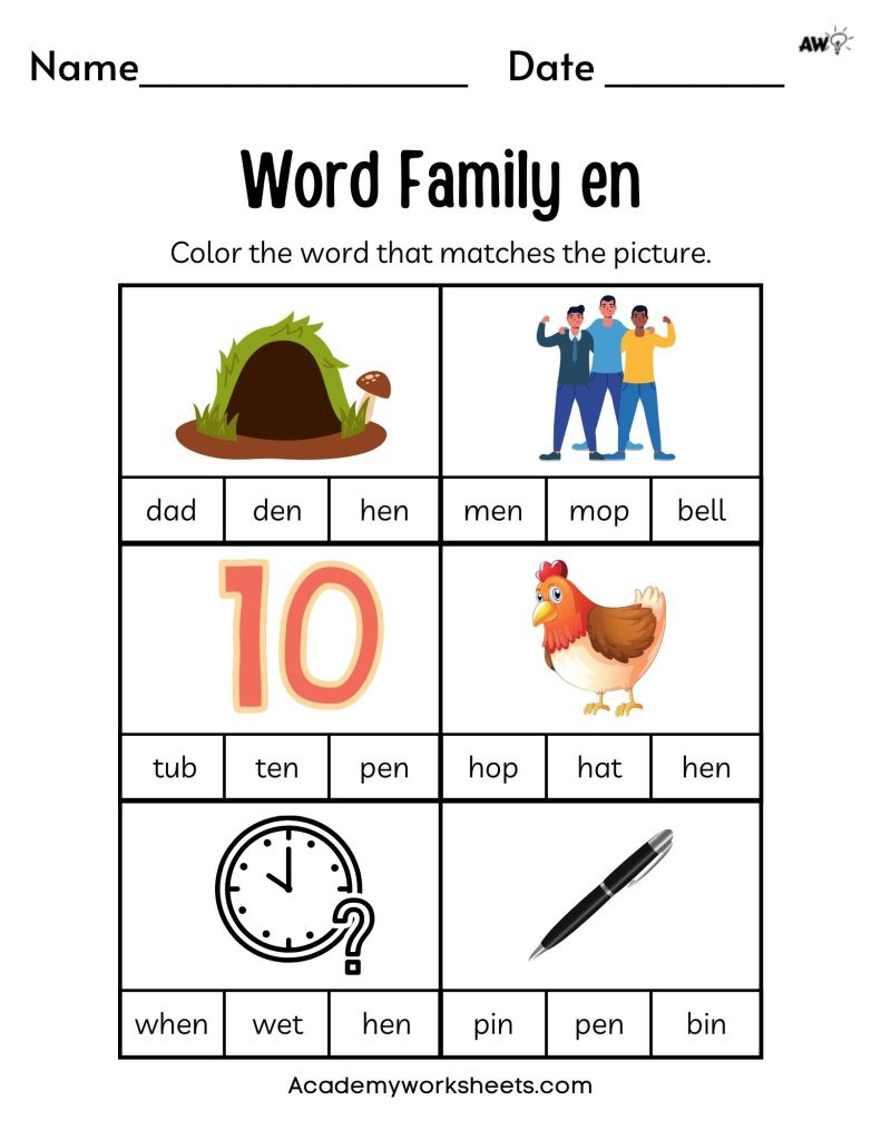 Free Word Family Worksheets - Short E - Academy Worksheets in Free Word Family Printables