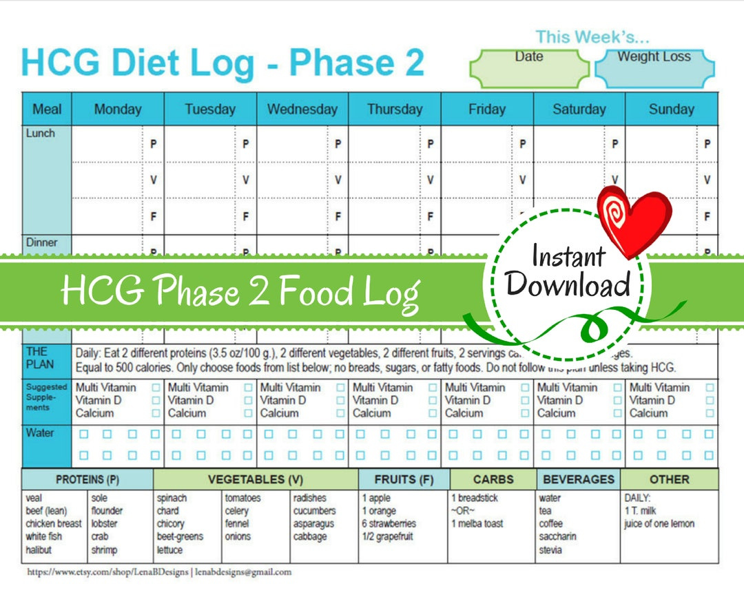 Hcg Weekly Phase 2 Food Tracker Weight Loss Journal, Diet Log, Weight Loss Diary, Diet Log, Phase 2 Food List, Vlcd, Dr. Simeons - Etsy pertaining to Hcg Diet Plan Menu Printable For Free