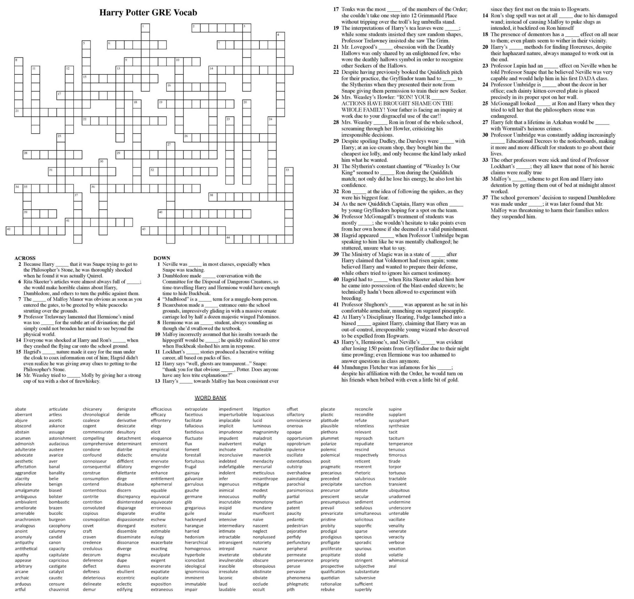 I Made A Harry Potter Gre Vocab Crossword Puzzle! (Updated) : R/Gre throughout Harry Potter Crossword Puzzles Printable