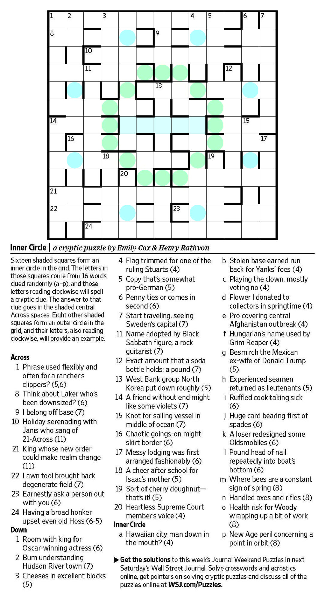 Inner Circle (Saturday Puzzle) - Wsj intended for Wall Street Journal Crossword Printable