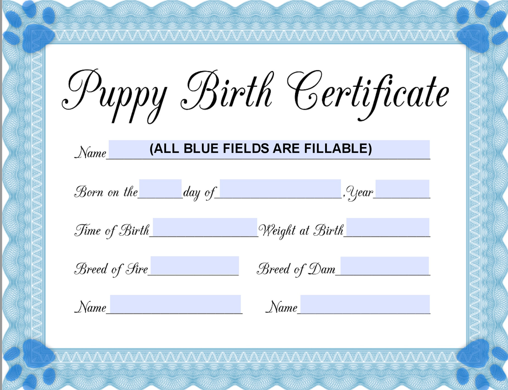 Instant Fillable Printable Pdf Puppy Birth Certificate Blue-Male in Free Printable Puppy Birth Certificate