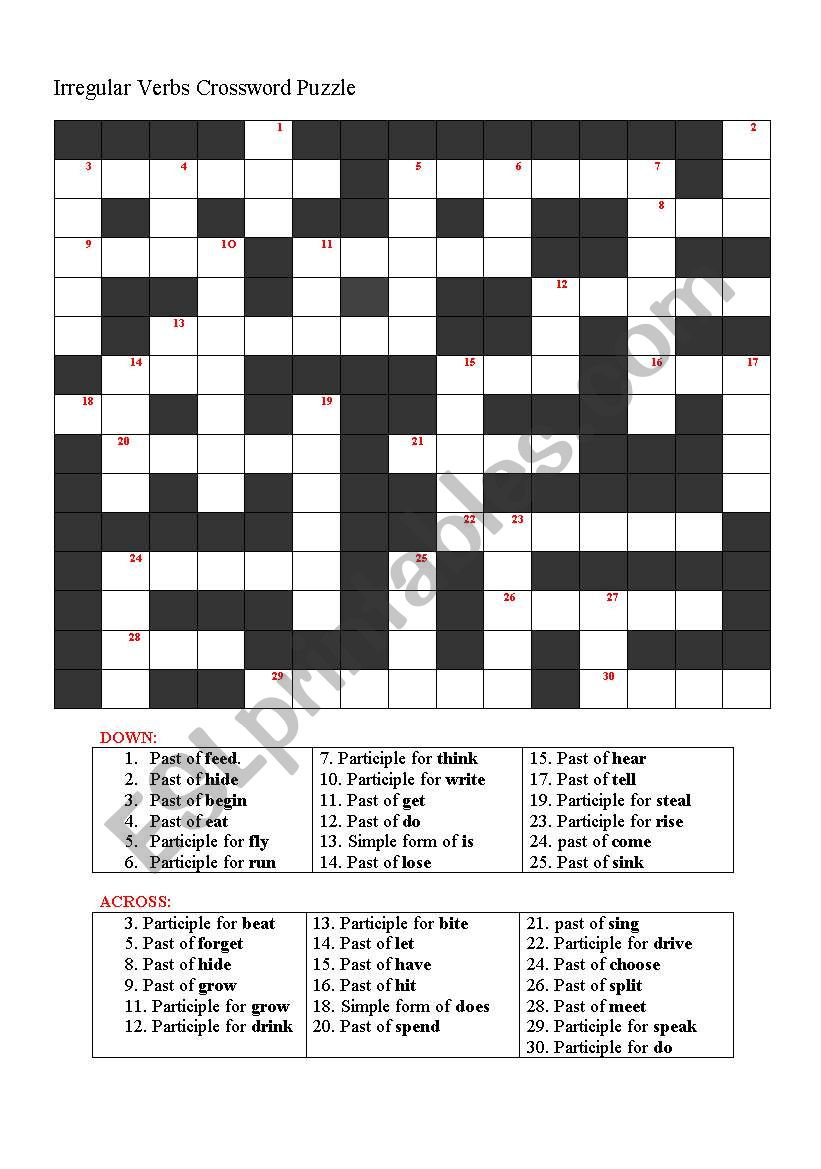 Irregular Verb Crossword Puzzle - Esl Worksheetnboutahar1 in Printable Esl Crossword Puzzles