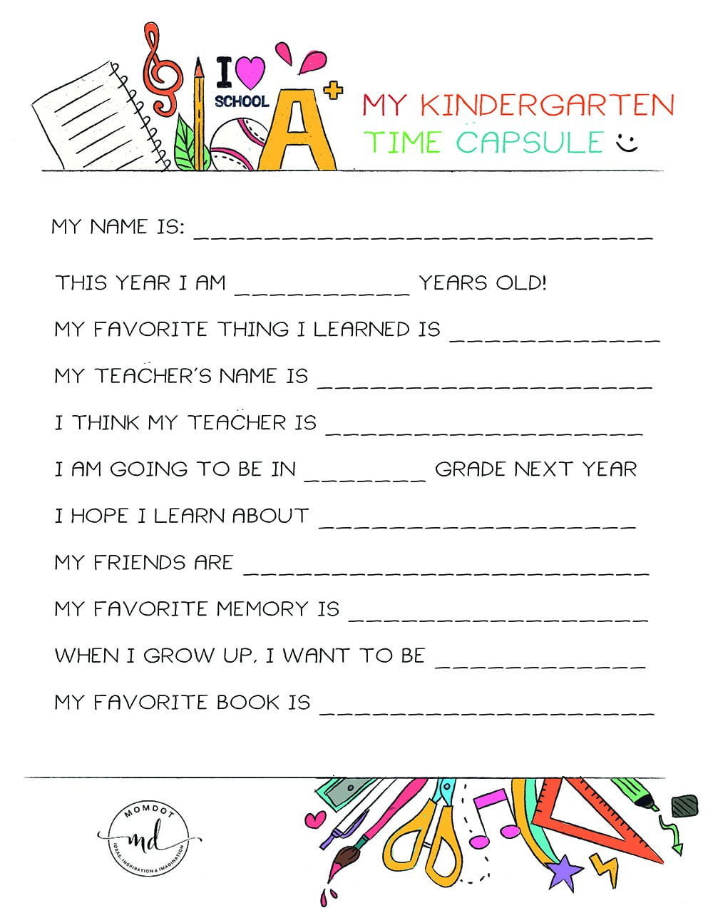 Kindergarten Time Capsule Free Printable - Momdot for Time Capsule Printable Free