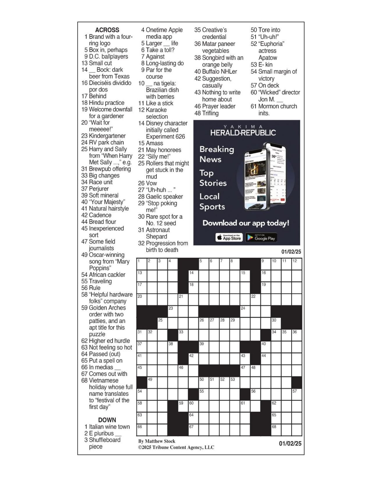 La Times Crossword: Jan. 2, 2025 | Crosswords | Yakimaherald with regard to La Times Printable Crossword Puzzles 2025