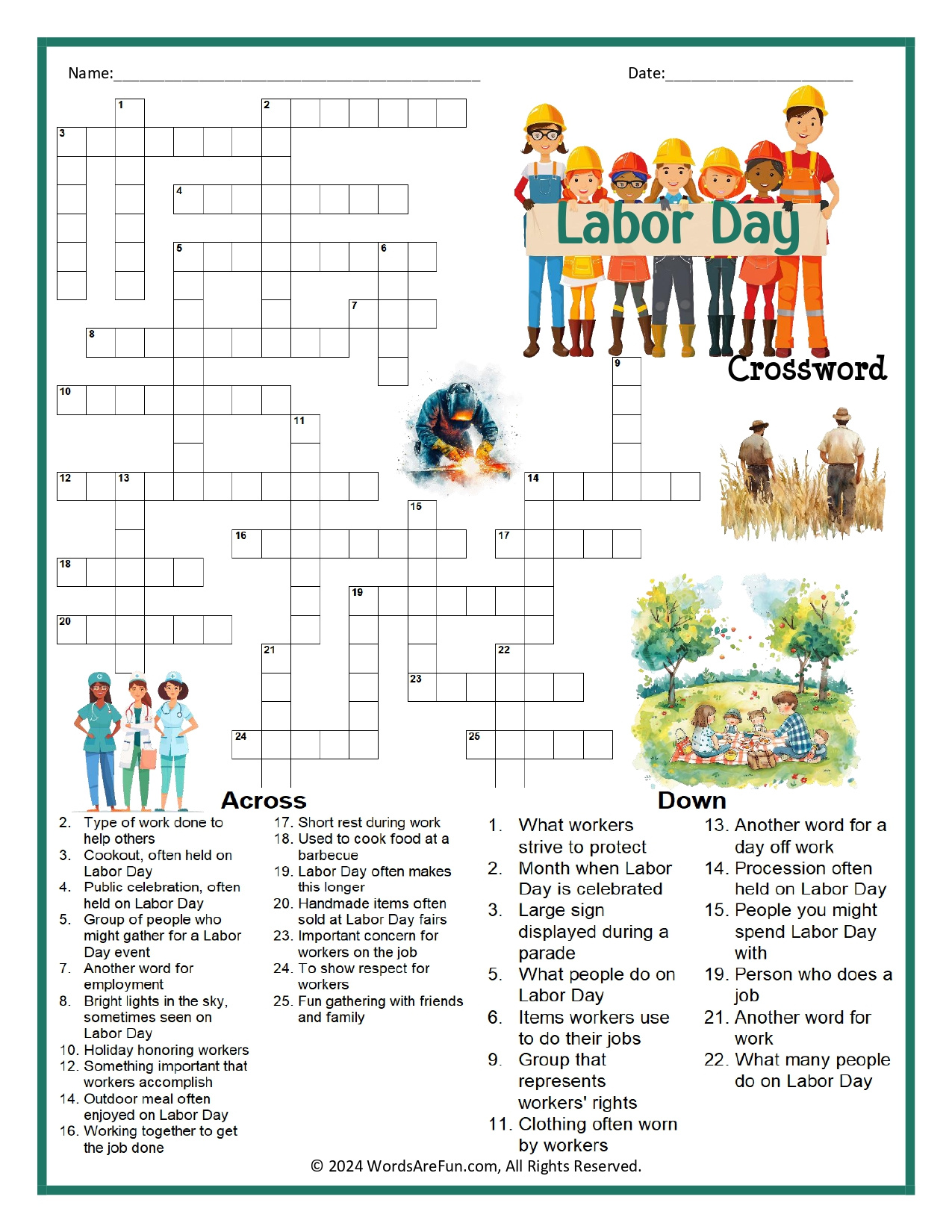 Labor Day Crossword Puzzle for Esl Crossword Puzzles Printable