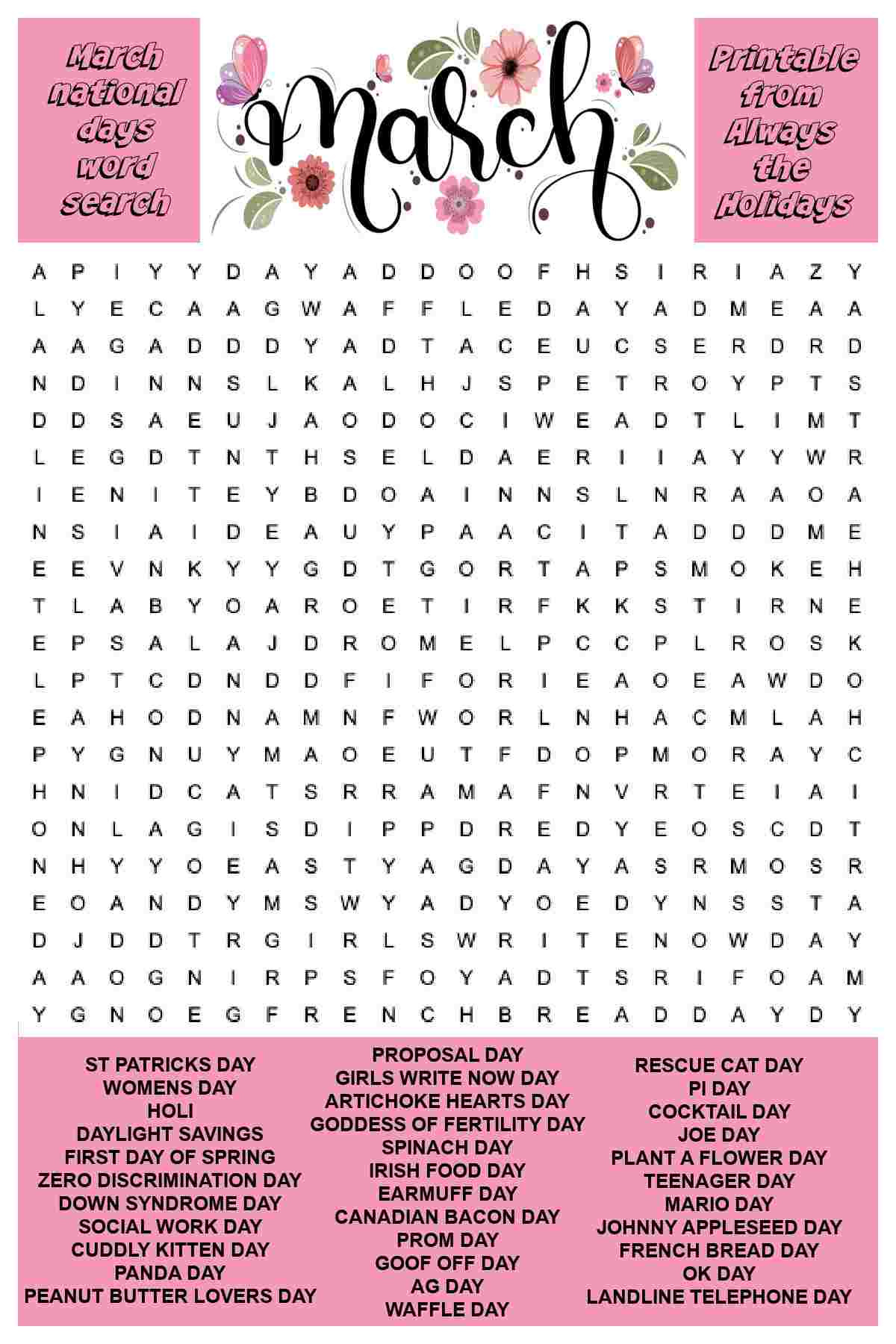 March Word Search Printable - National Days Word Find Puzzles within March Word Search Free Printable