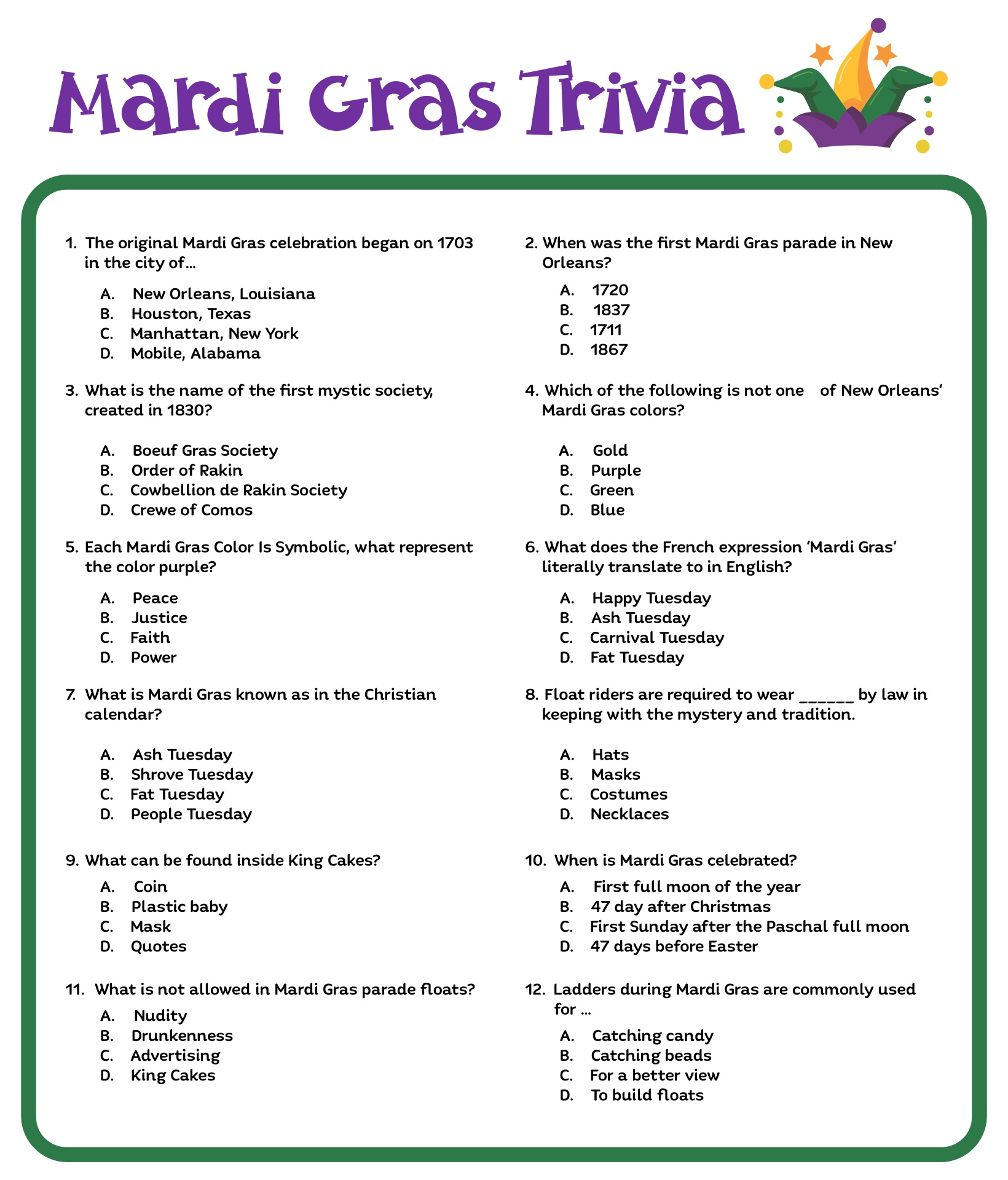 Mardi Gras Trivia - 10 Free Pdf Printables | Printablee regarding Free Printable Mardi Gras Trivia Questions and Answers