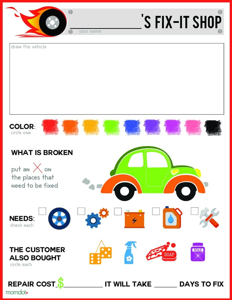 Mechanic Pretend Play Sheet, Free Printable - Momdot intended for Auto Shop Dramatic Play Printables Free