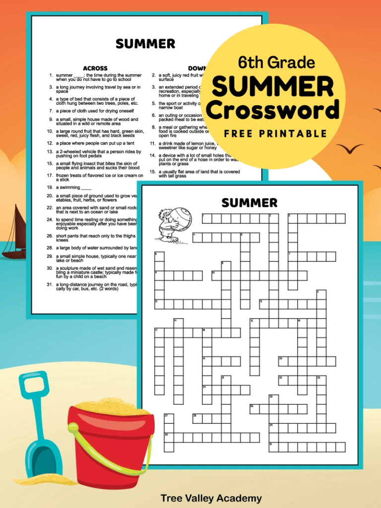 Middle School Summer Crossword Puzzle - Tree Valley Academy intended for Free Printable Summer Crossword Puzzles