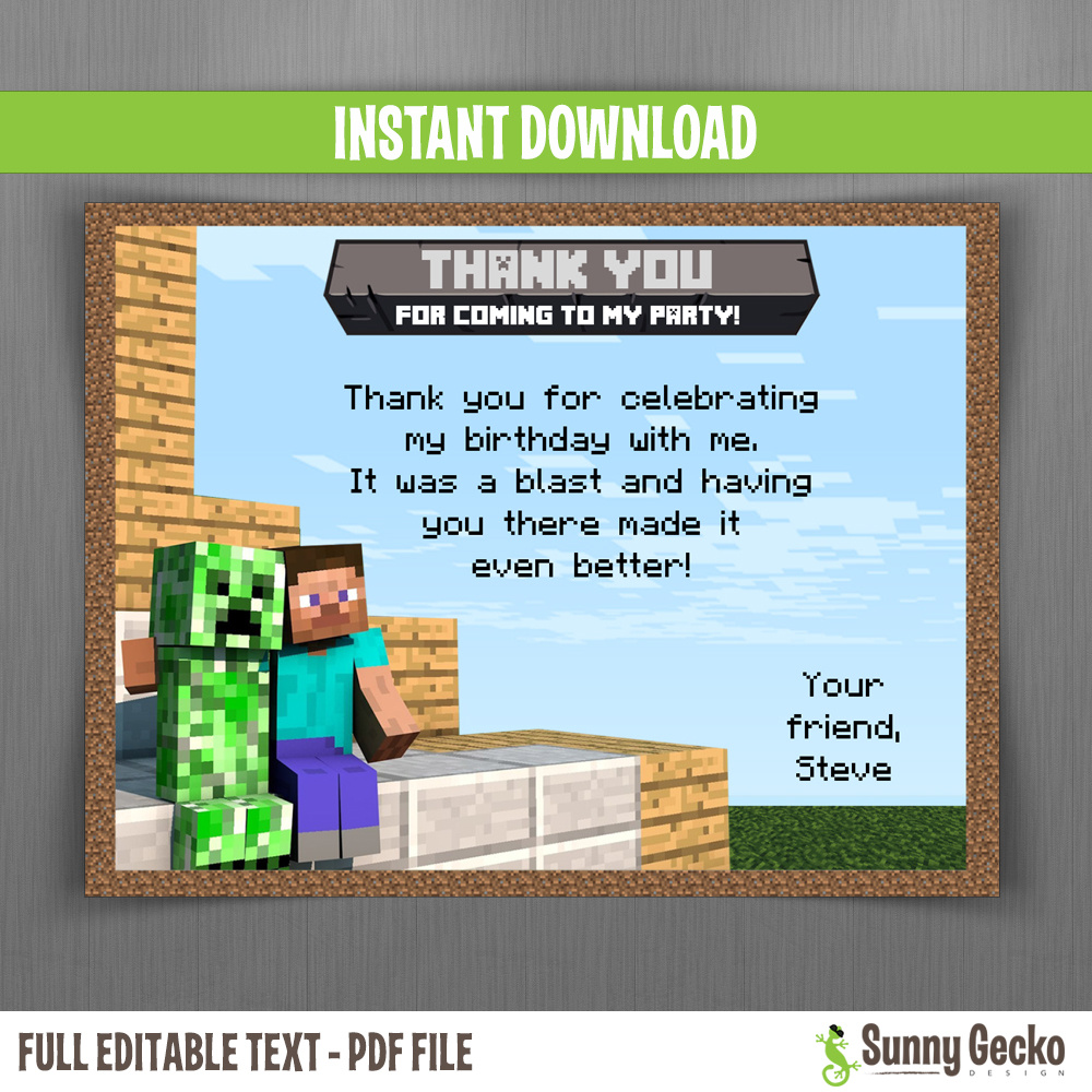 Minecraft Birthday Thank You Cards with regard to Free Printable Minecraft Thank You Tags