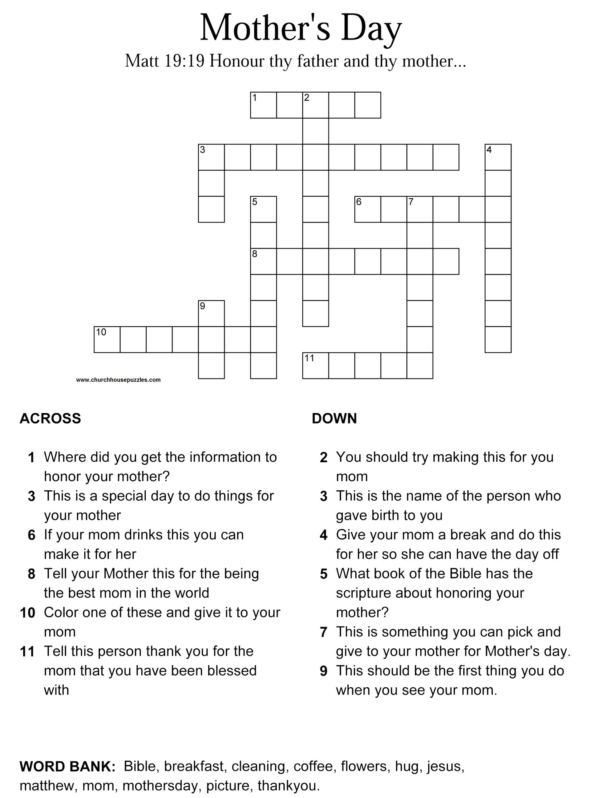 Mother&amp;#039;S Day Crossword Puzzle with regard to Mother&amp;amp;#039;s Day Crossword Puzzles Printable