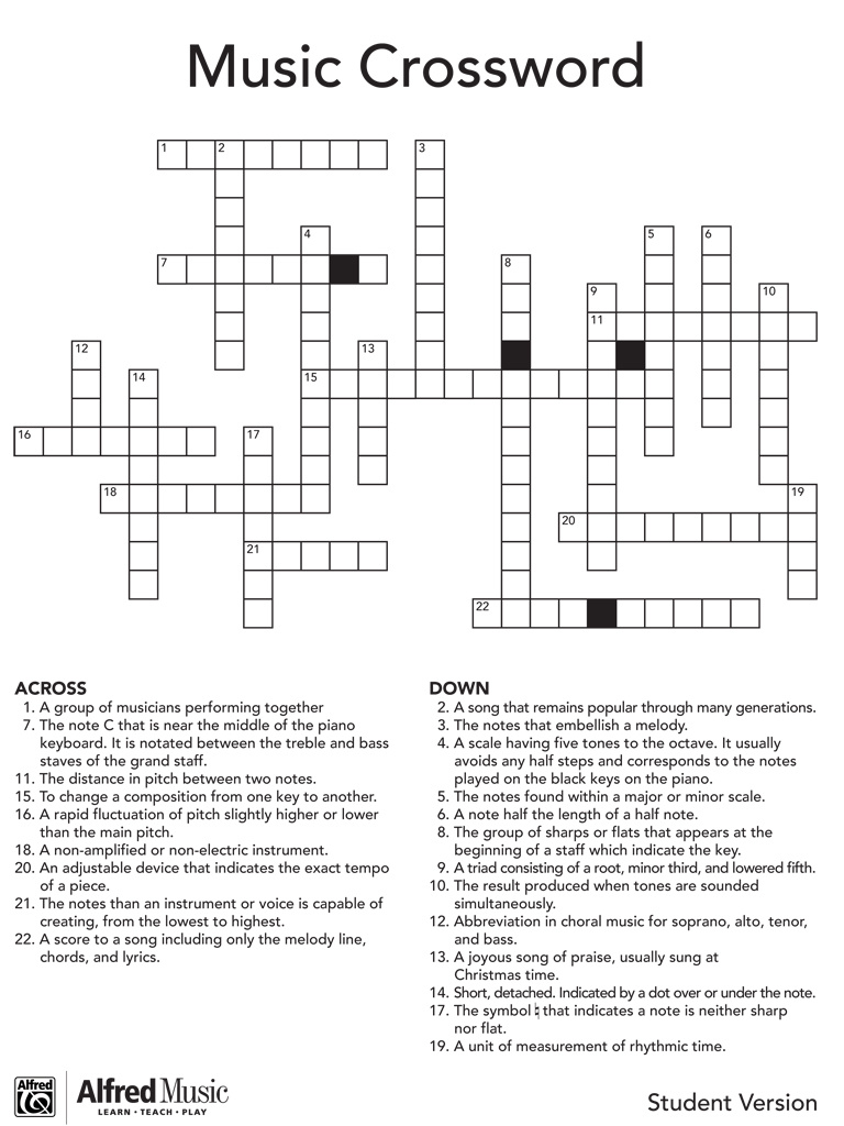 Music Crossword Puzzle Activity with Music Crossword Puzzles Printable