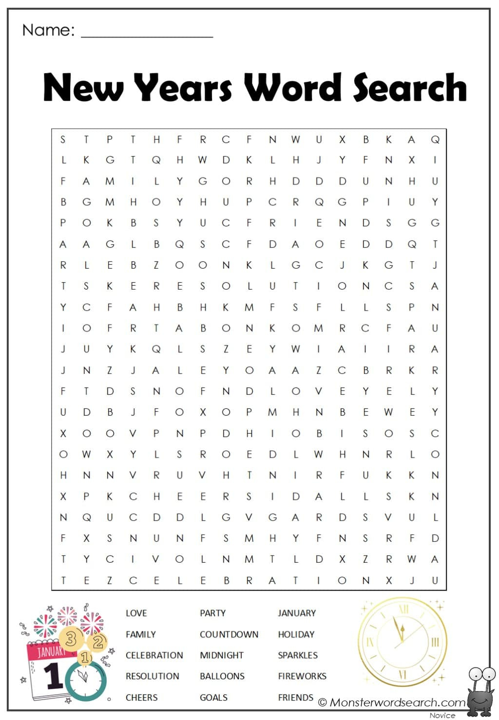 New Years Word Search - Monster Word Search inside New Years Word Search Free Printable