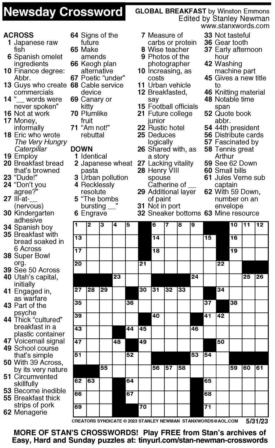 Newsday Crossword Puzzle For May 31, 2023,Stanley Newman intended for Stanley Newman Crossword Printable