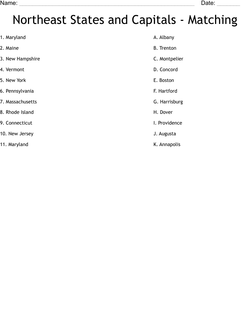 Northeast States And Capitals - Matching Worksheet - Wordmint intended for Northeast States and Capitals Quiz Free Printable