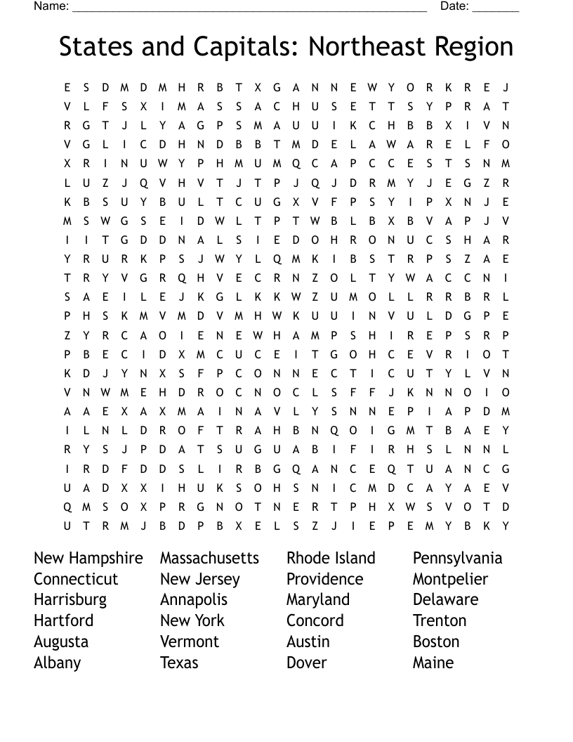 Northeastern State Capitals Word Search - Wordmint regarding Northeast States And Capitals Quiz Free Printable