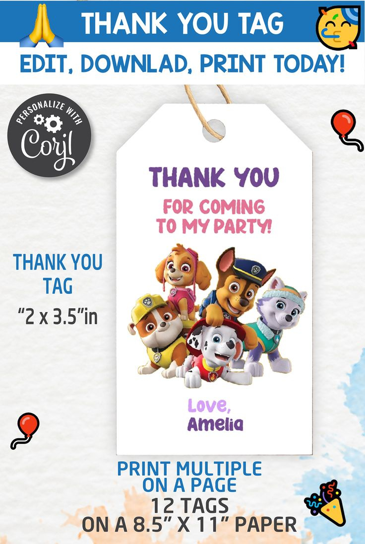 Paw Patrol Thank You Tags, Thank You Gift ,Paw Patrol Party, Paw with Free Printable Paw Patrol Thank You Tags