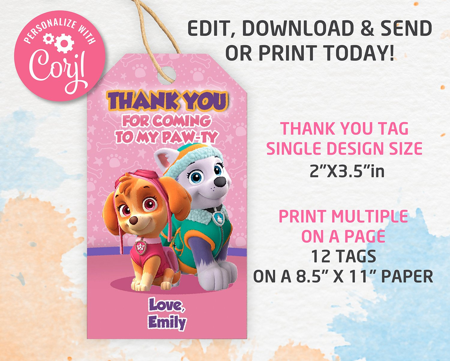 Paw Patrol Thank You Tags, Thank You Gifts Template, Editable, Printable, Instant Download - Amazinginvite inside Free Printable Paw Patrol Thank You Tags