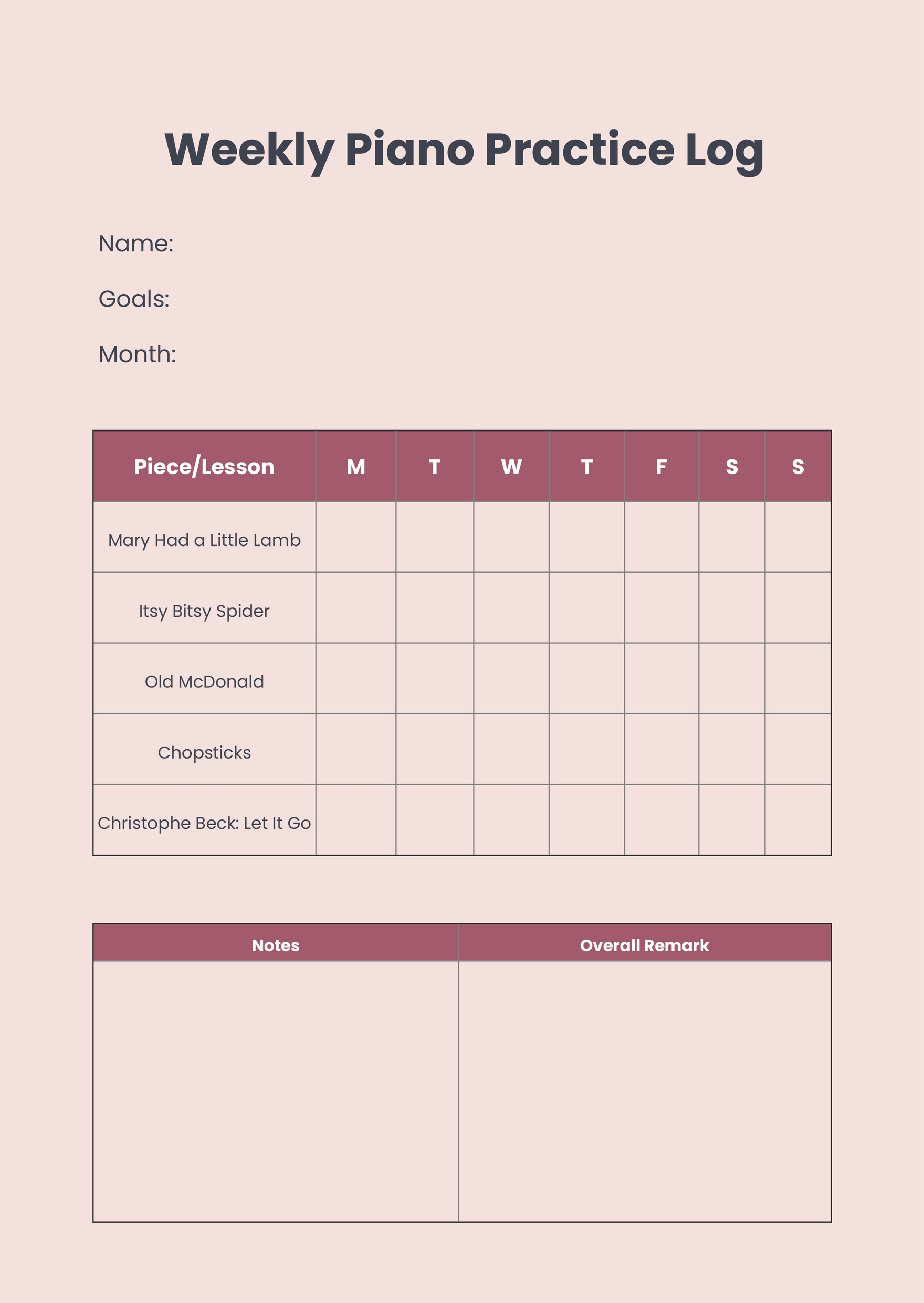 Piano Weekly Practice Chart In Illustrator, Pdf - Download throughout Free Printable Piano Practice Chart