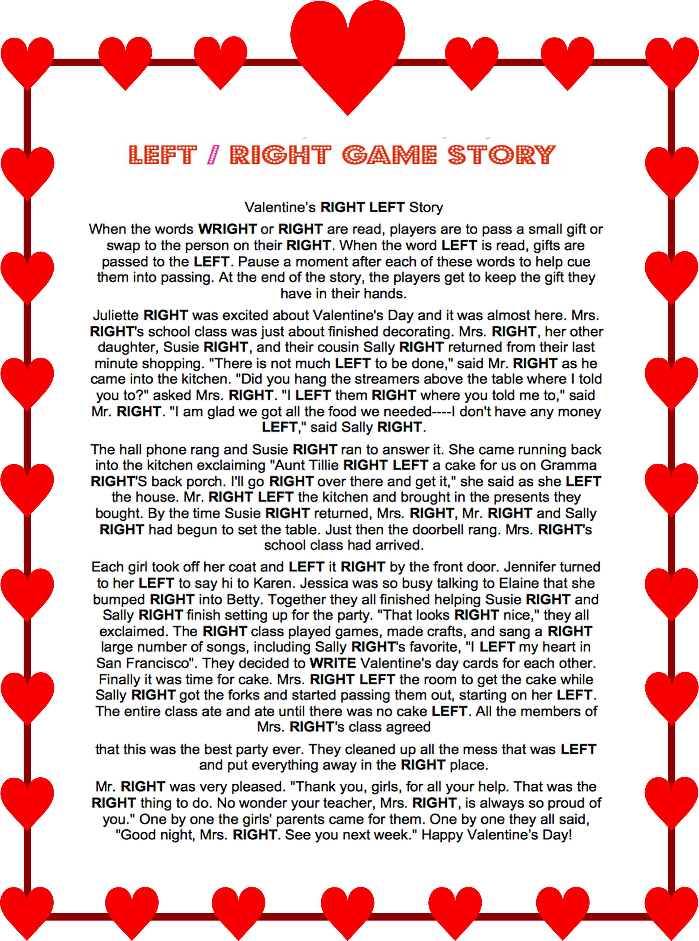 Pin Page regarding Free Printable Left Right Valentine Game