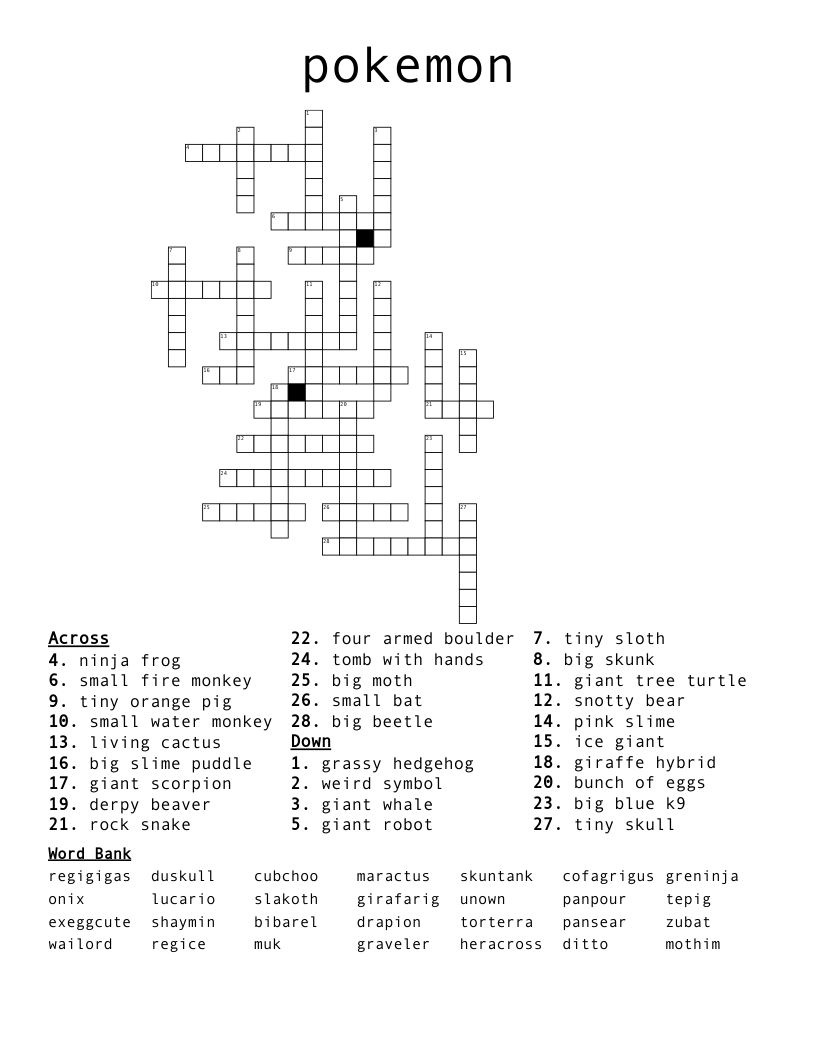 Pokemon Crossword - Wordmint throughout Pokemon Crossword Puzzle Printable