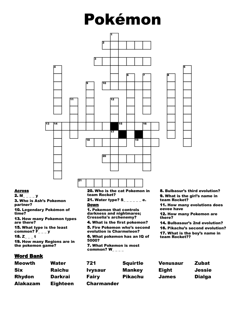 Pokémon Crossword - Wordmint within Pokemon Crossword Puzzle Printable