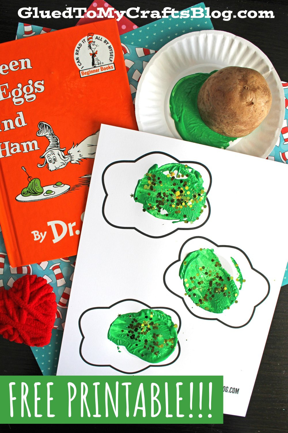 Potato Stamped Green Eggs Craft Idea for Free Printable Green Eggs and Ham Craft Template