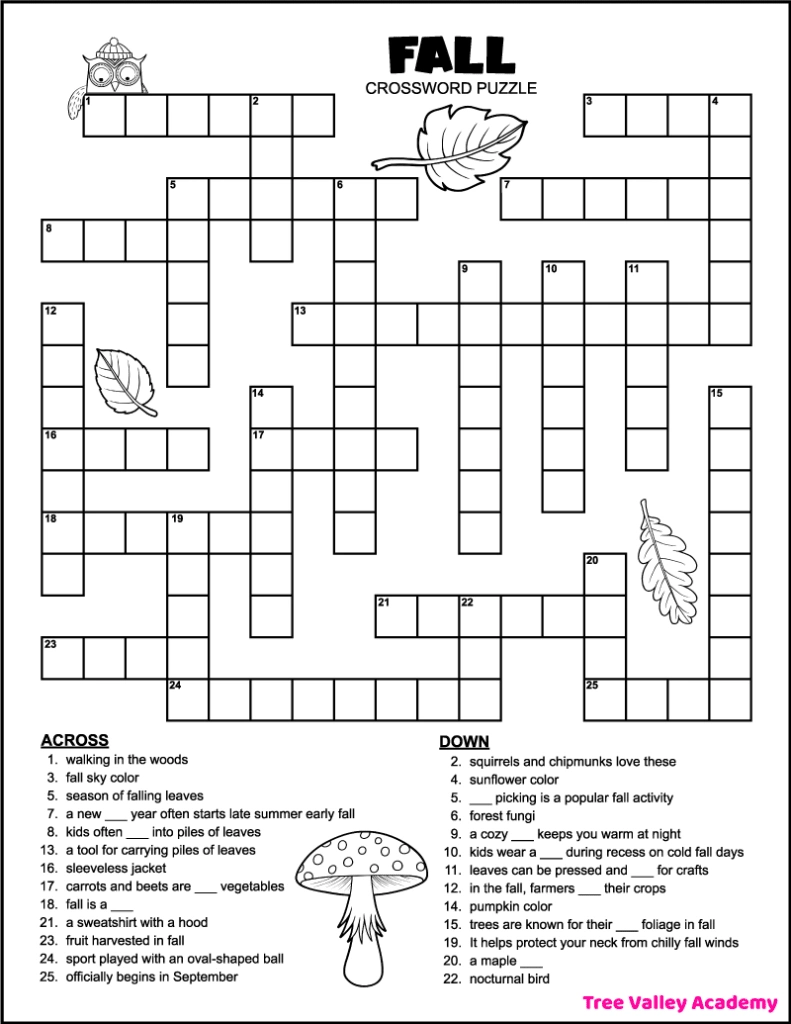 Printable 4Th Grade Fall Crossword Puzzle - Tree Valley Academy with Fall Crossword Puzzles Printable