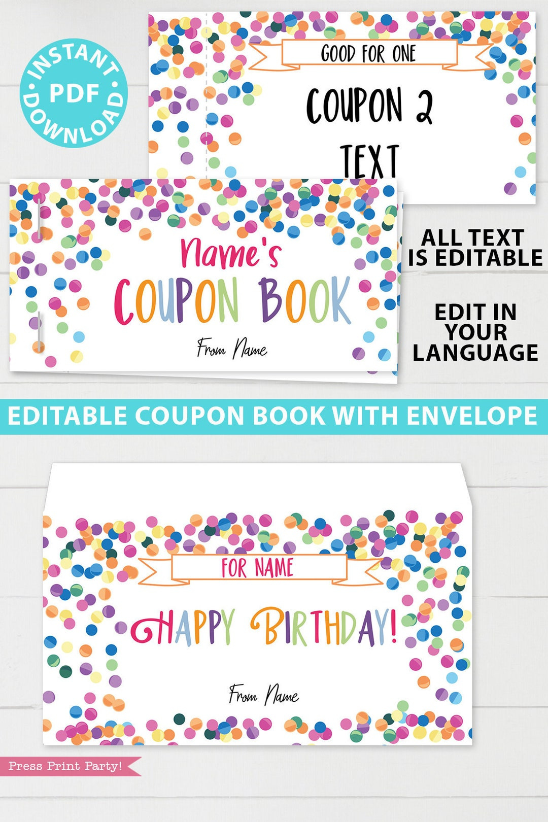 Printable Coupon Book Template, Diy Birthday Coupons Book, Custom Gift Idea, Confetti Editable Blank Coupon Book For Kids, Instant Download - Etsy pertaining to Birthday Coupon Template Free Printable