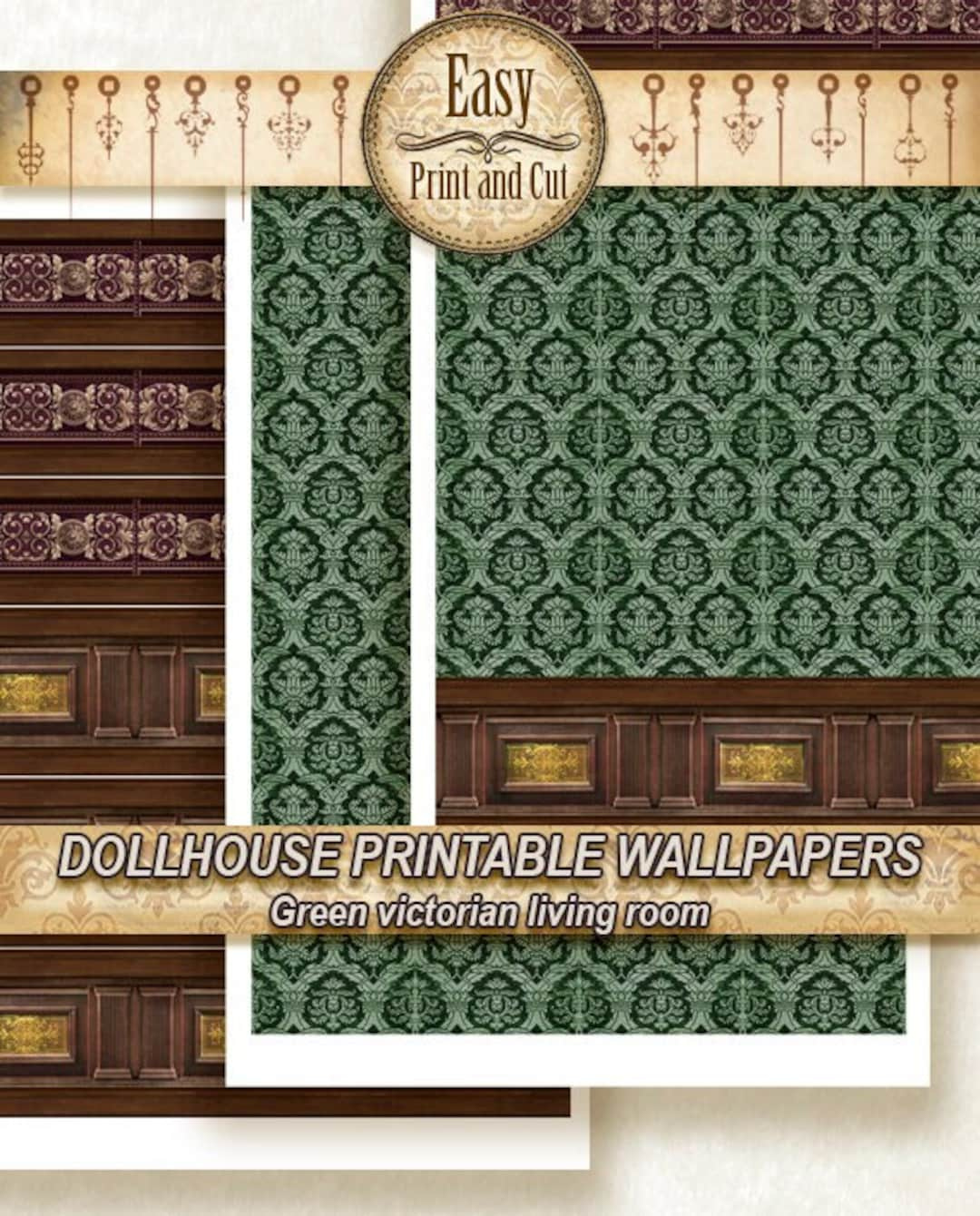 Printable Dollhouse Wallpaper, Green Victorian Living Room. Wood within Free Printable Victorian Dollhouse Wallpaper