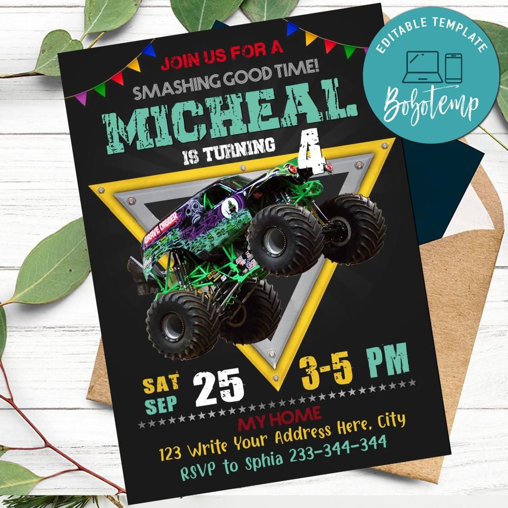 Printable Grave Digger Monster Truck Birthday Invitation Diy pertaining to Free Monster Truck Birthday Invitations Printable