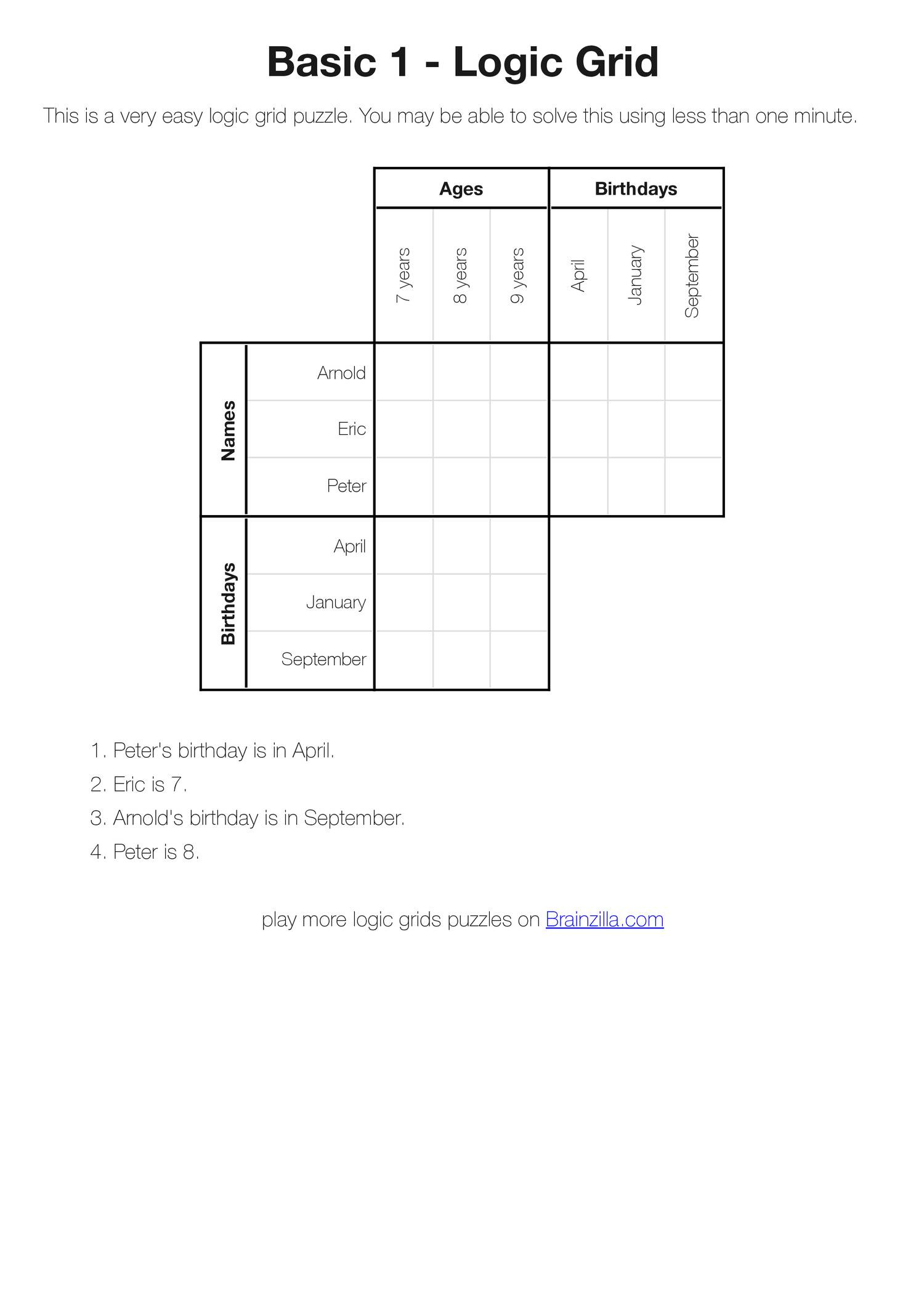 Printable Logic Grid Puzzles (Brainzilla).Pdf | Docdroid inside Free Printable Logic Puzzles With Grids