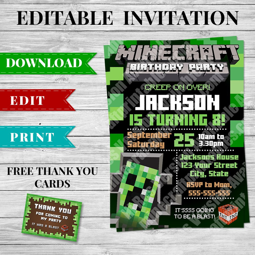 Printable Minecraft Creeper Invitation - Minecraft Birthday Party pertaining to Downloadable Free Printable Minecraft Invitations