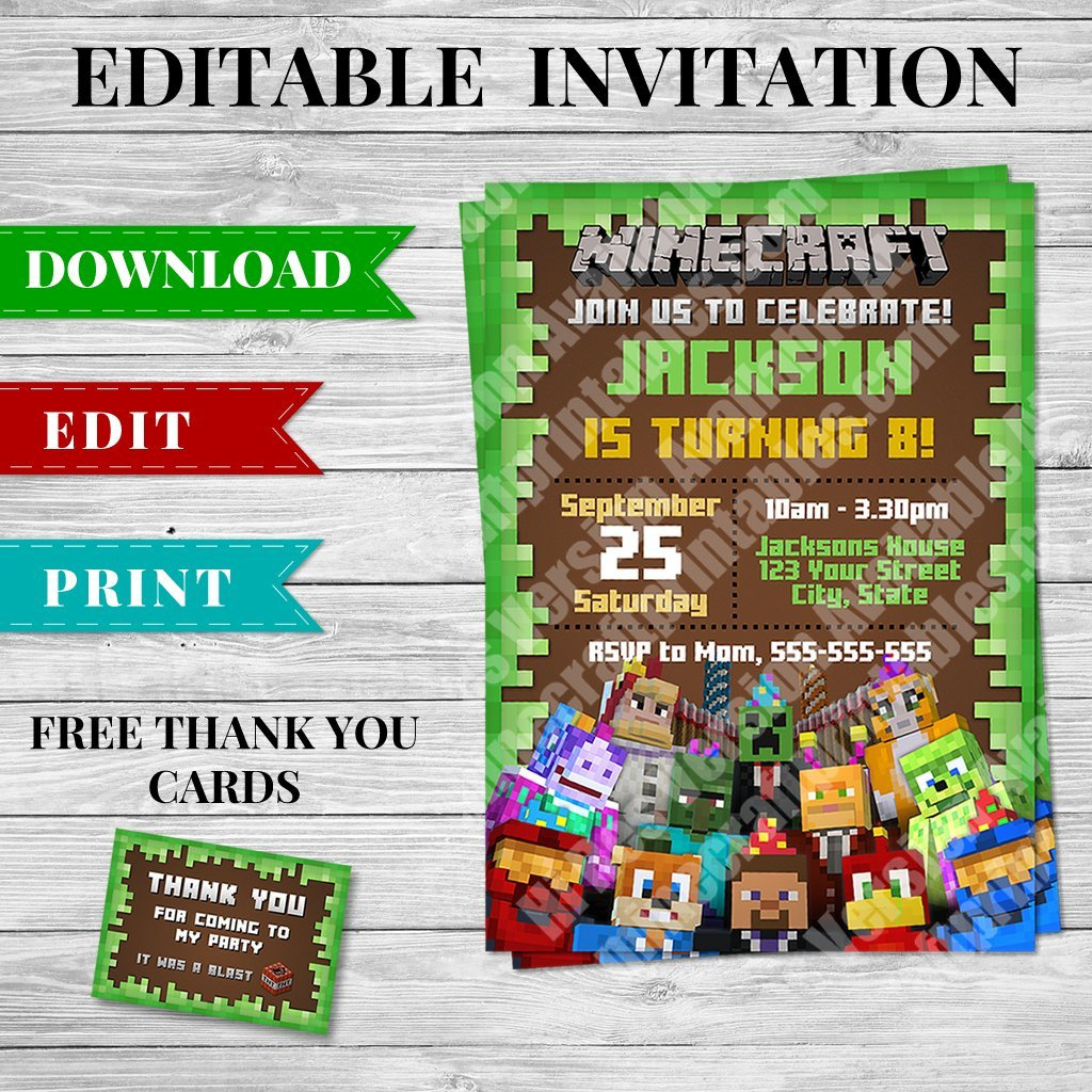 Printable Minecraft Invitation Pdf - Design 1 - Minecraft Printables intended for Downloadable Free Printable Minecraft Invitations