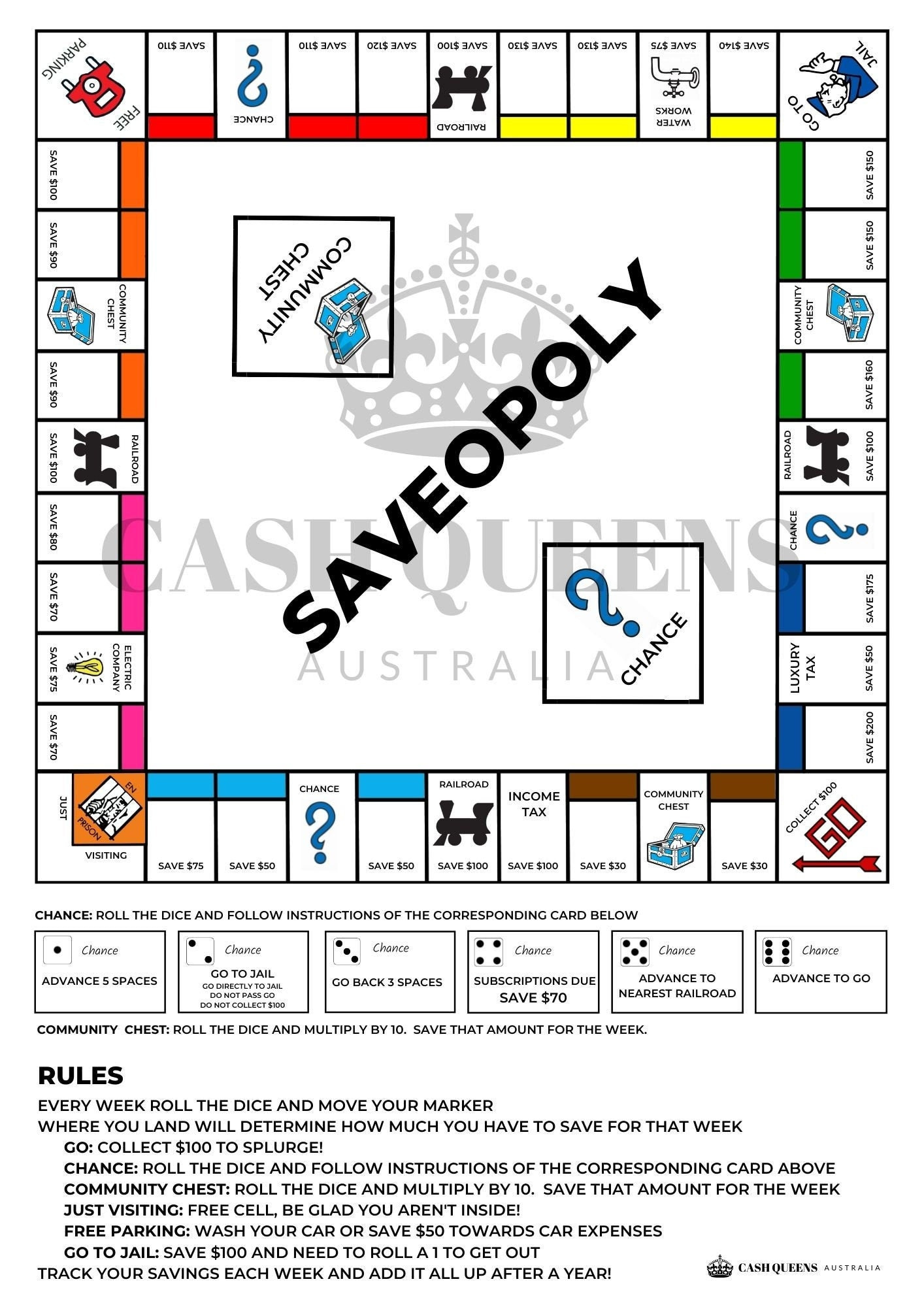 Printable Saveopoly Savings Challenge Savings Goal Savings Tracker with regard to Saveopoly Free Printable