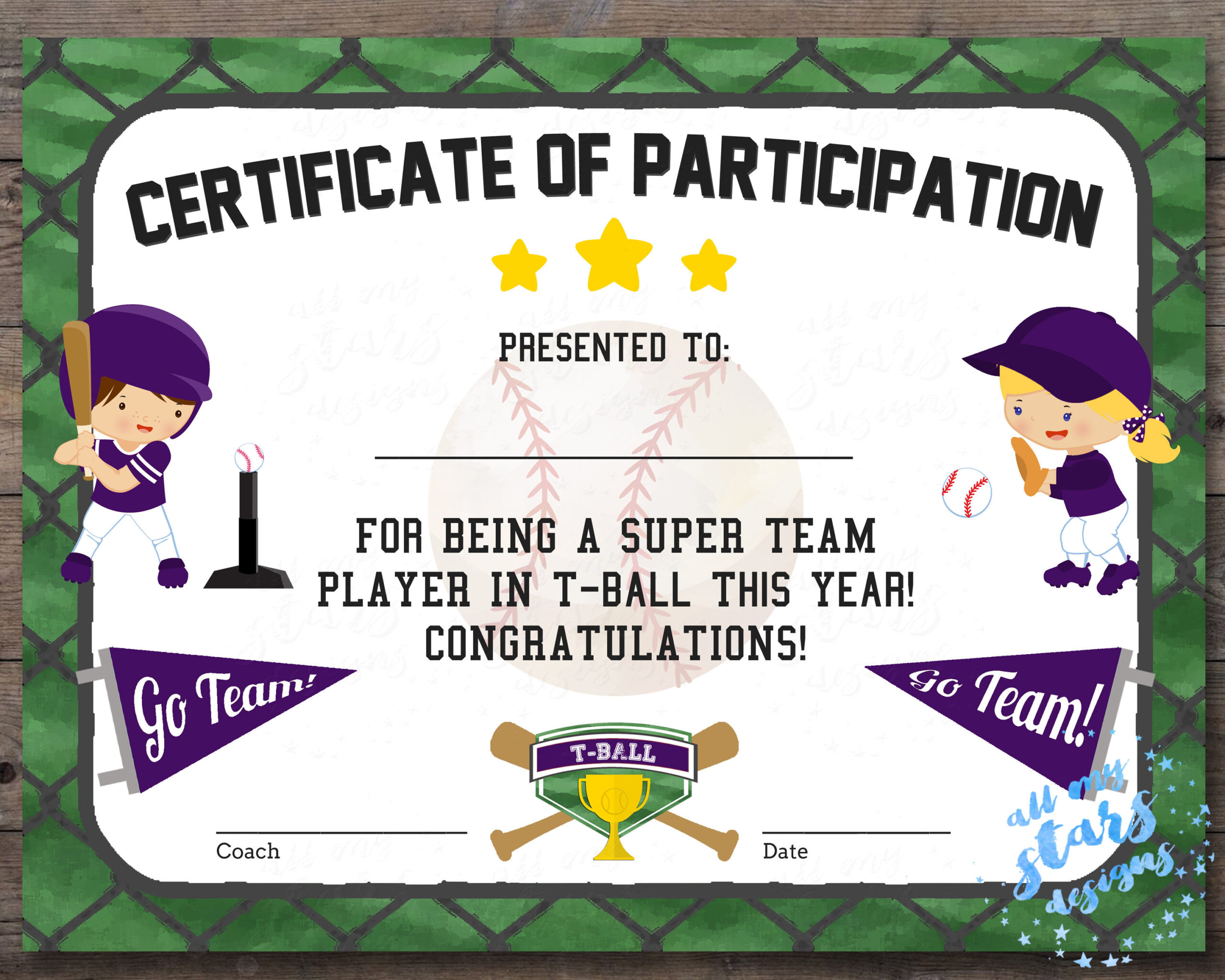 Printable T-Ball Participation Certificate Sports Award Instant for Tball Certificates Free Printable