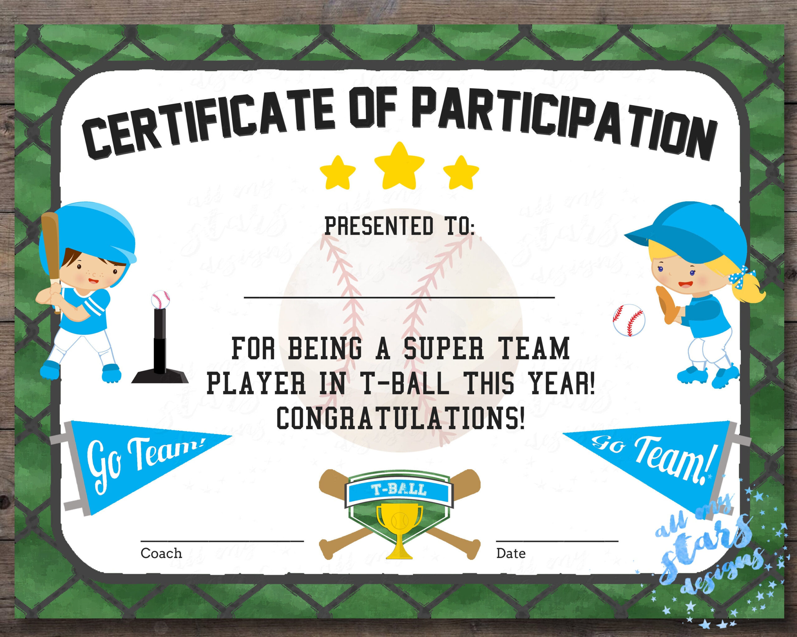 Printable T-Ball Participation Certificate Sports Award Instant inside Tball Certificates Free Printable