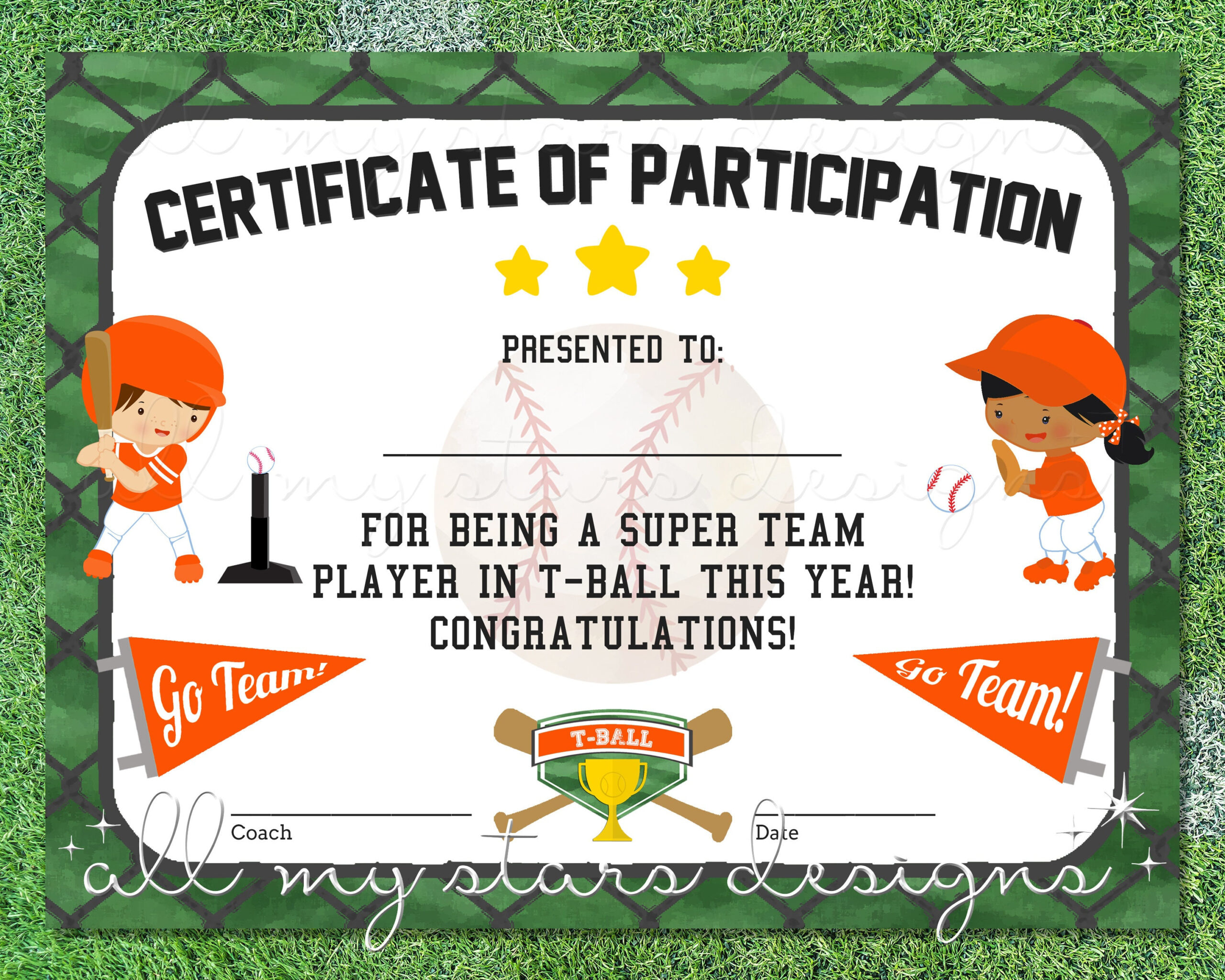 Printable T-Ball Participation Certificate Sports Award Instant pertaining to Tball Certificates Free Printable